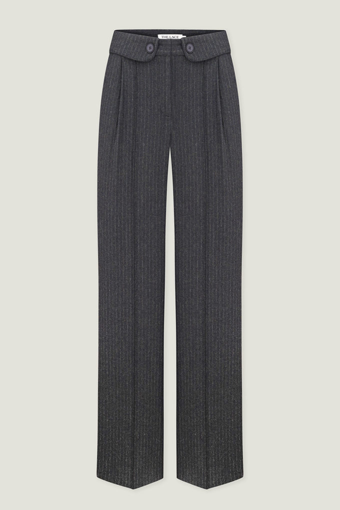 Woolen palazzo pants with a decorated belt in a gray-green stripe photo 4