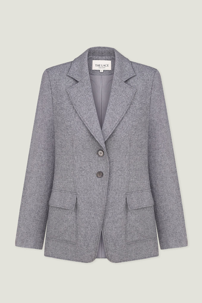 Single-breasted woolen jacket with a tie in gray photo 6