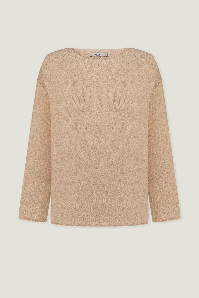 Knitted free cut boucle sweater in beige color photo 5