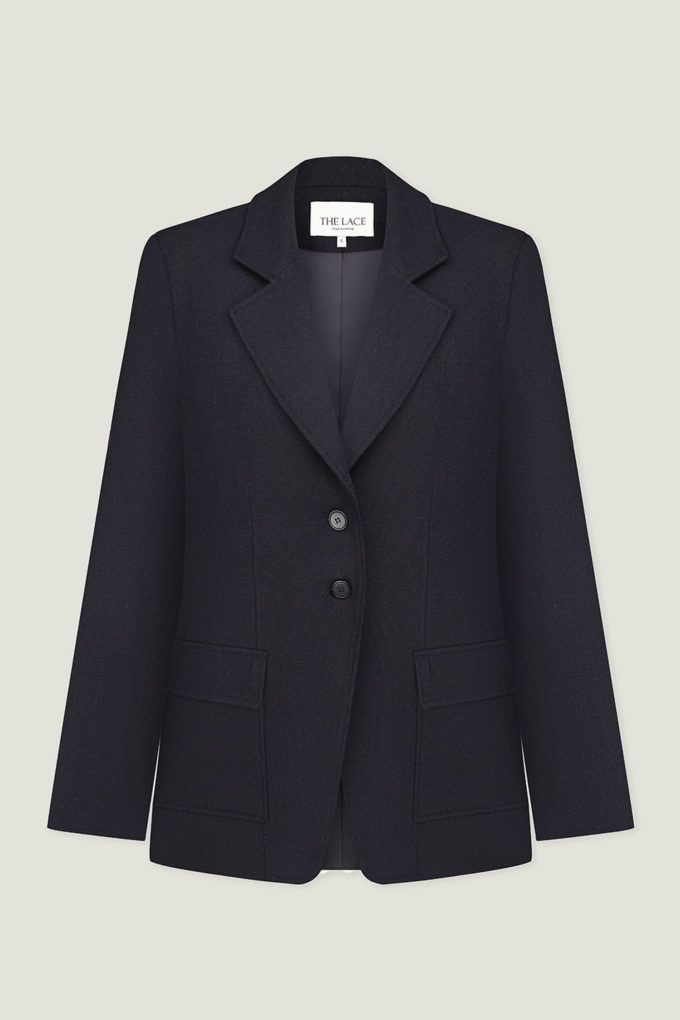Single-breasted woolen jacket with a tie in black photo 5