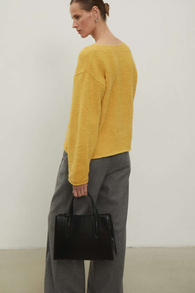Knitted free cut boucle sweater in mustard color photo 2