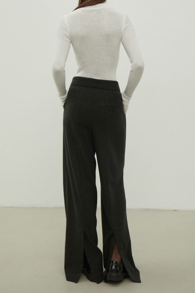 Woolen palazzo pants with a decorated belt in a gray-green stripe photo 2