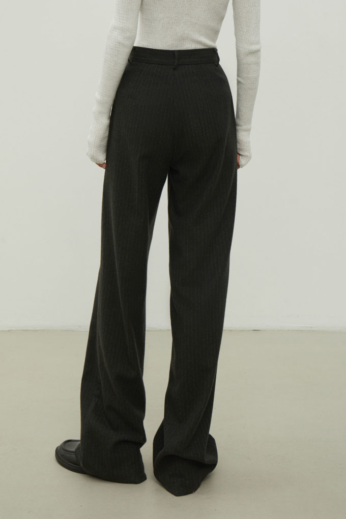 Wool palazzo trousers with a low fit in a gray-green stripe photo 4