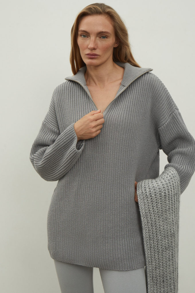 Трикотажний светр оверсайз із блискавкою сірий - THE LACE