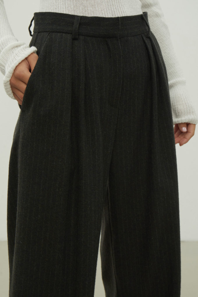 Wool palazzo trousers with a low fit in a gray-green stripe photo 2
