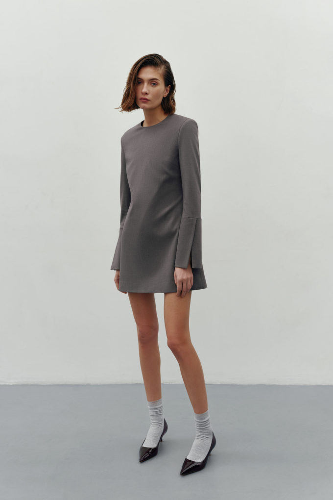 Woolen mini dress with wide cuffs in light gray photo 3