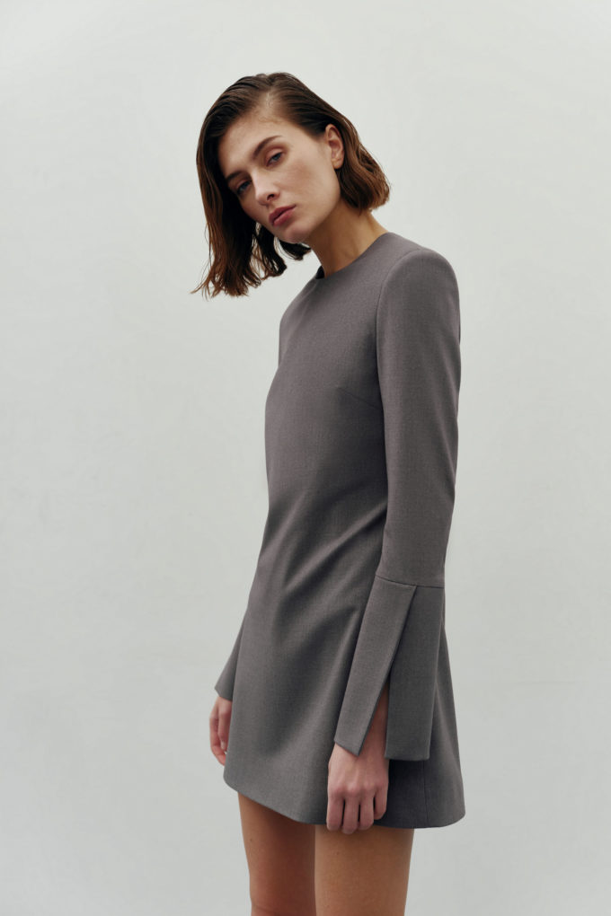 Woolen mini dress with wide cuffs in light gray photo 4