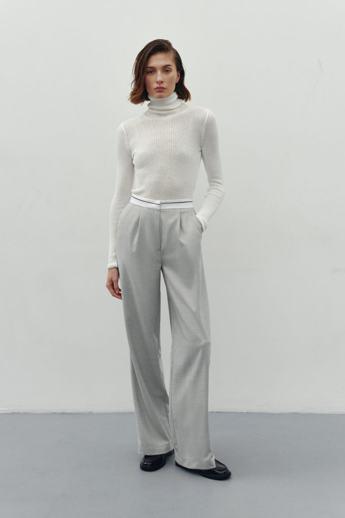 Straight pants with a corset belt in light gray photo 2