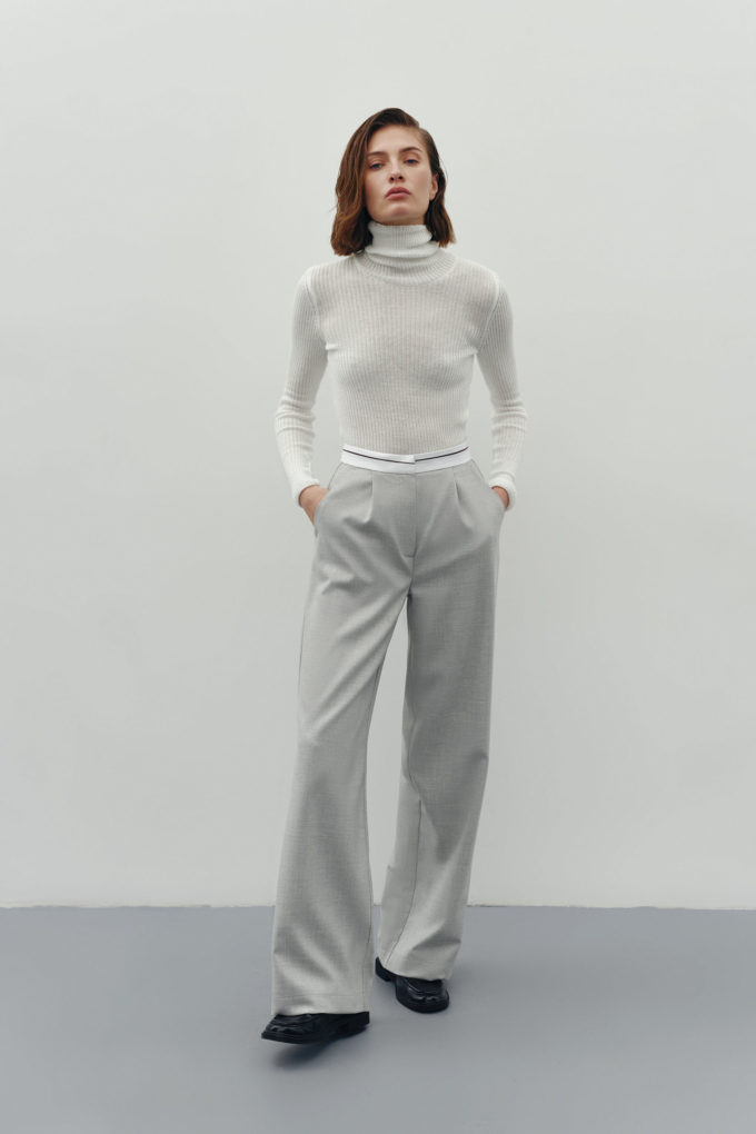 Straight pants with a corset belt in light gray photo 3