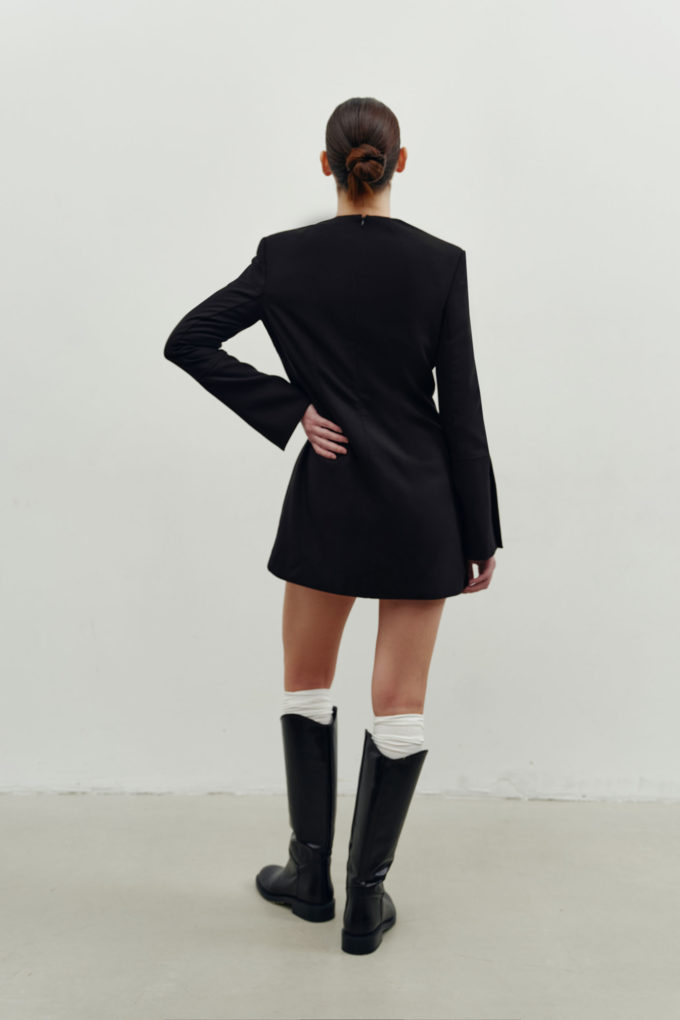 Woolen mini dress with wide cuffs in black photo 3