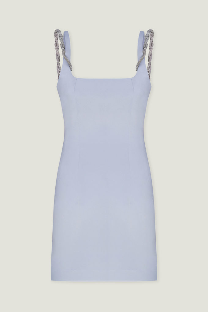 Mini dress made of dense satin with straps in light blue photo 5