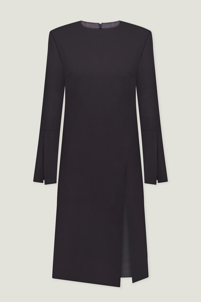 Woolen midi dress with wide cuffs in black photo 4