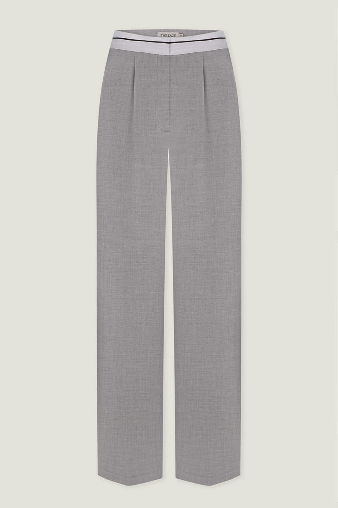 Straight pants with a corset belt in light gray photo 5