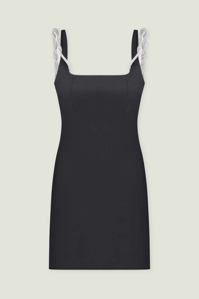 Сукня міні зі щільного атласу на бретелях чорна фото 5
