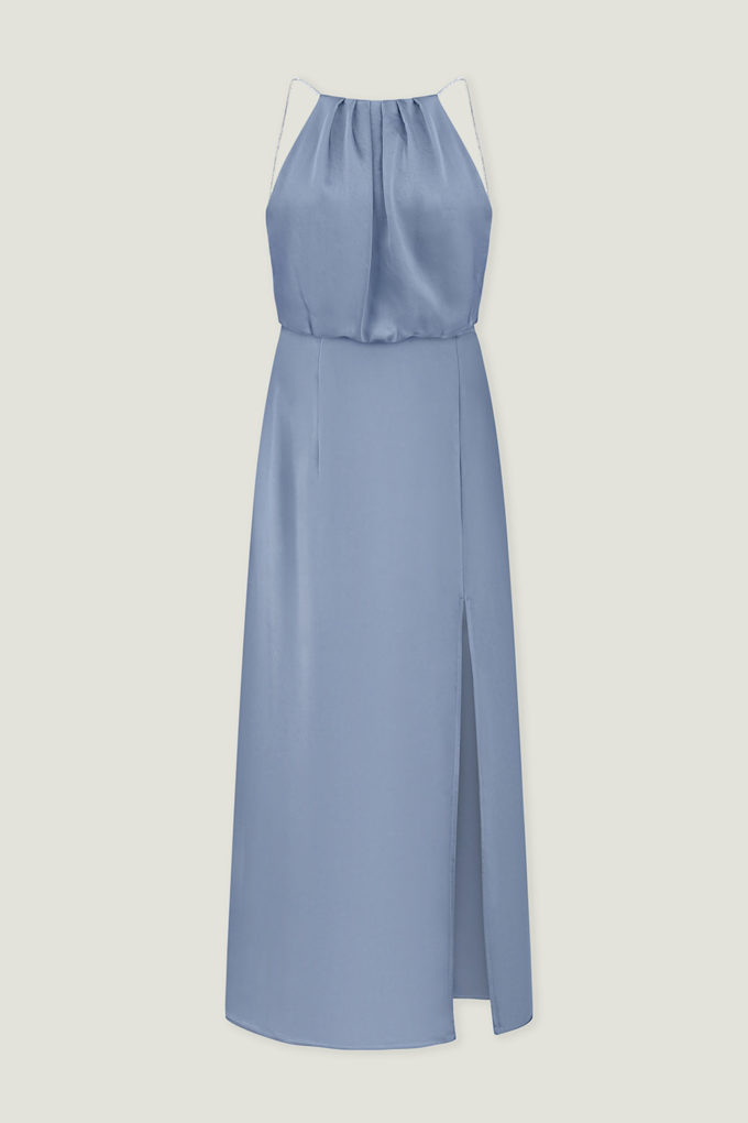 Midi satin dress with straps in gray-blue photo 6