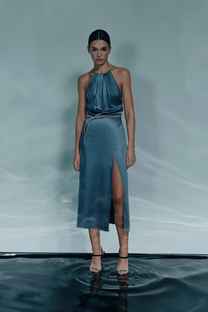 Midi satin dress with straps in gray-blue photo 5