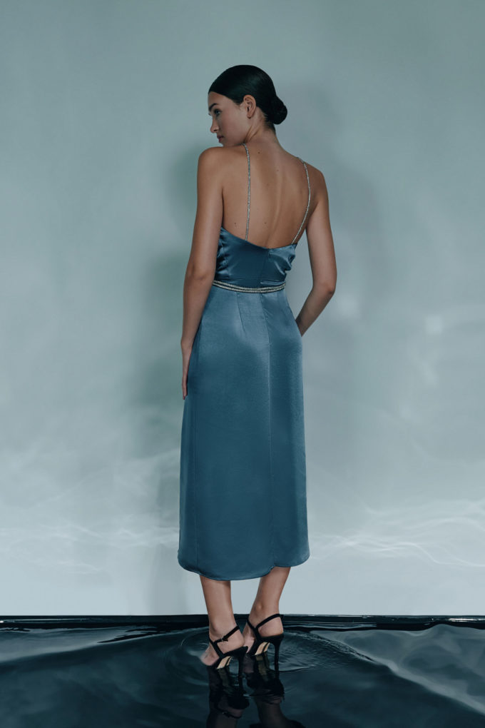 Midi satin dress with straps in gray-blue photo 4