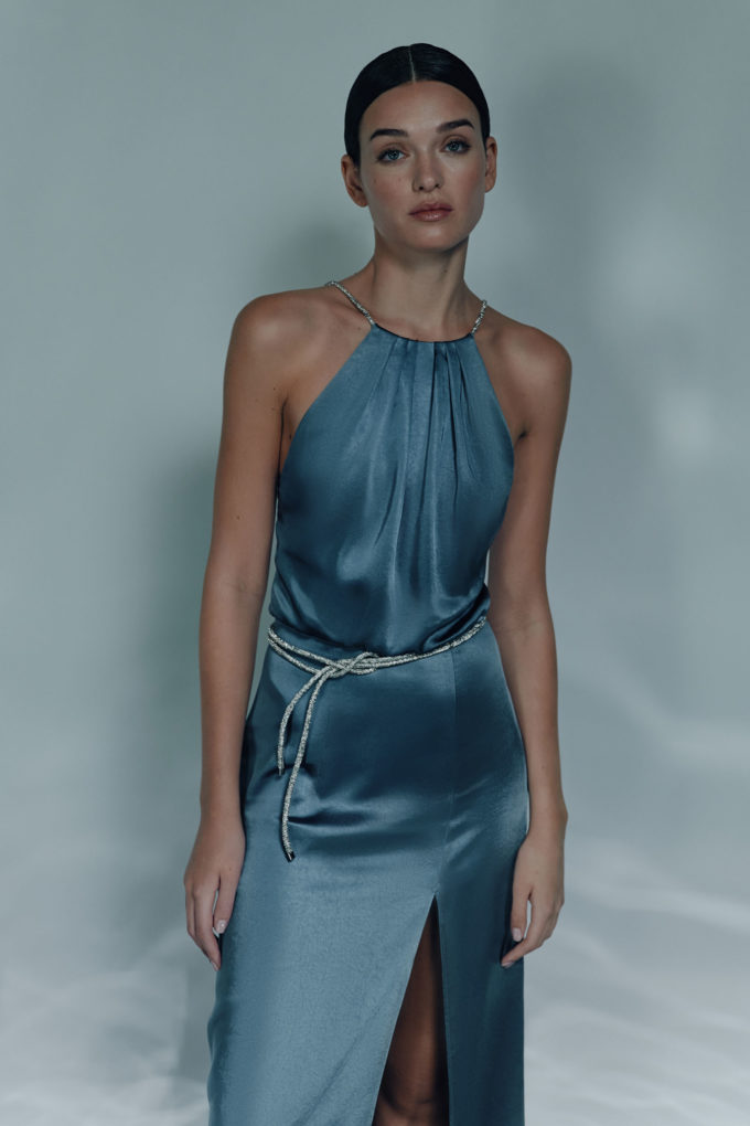 Midi satin dress with straps in gray-blue photo 3