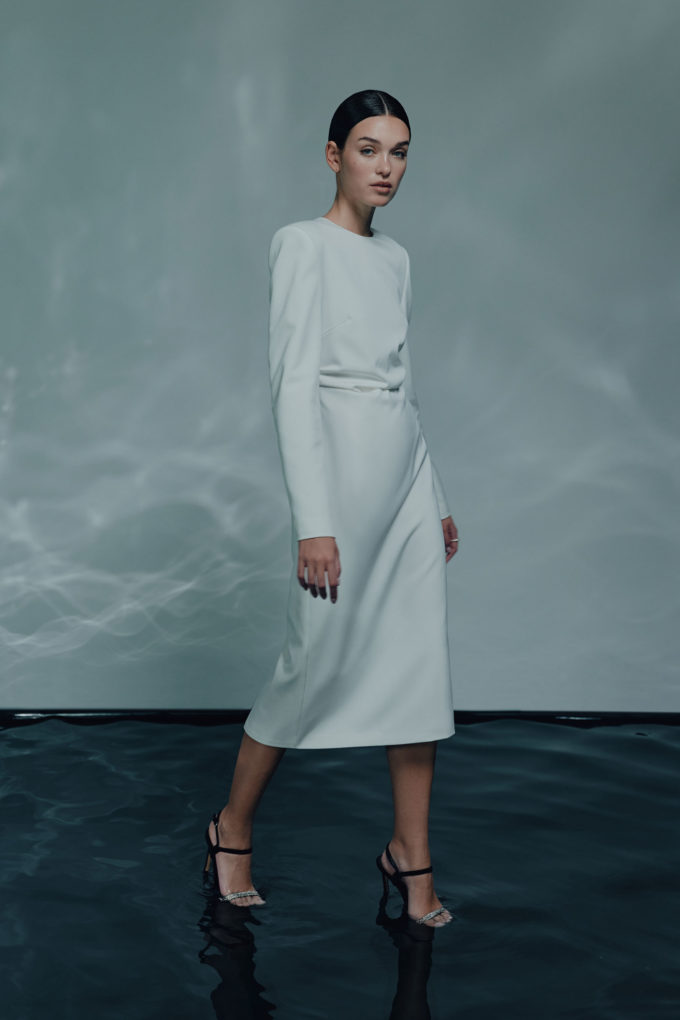 Midi dress with drape in white photo 2