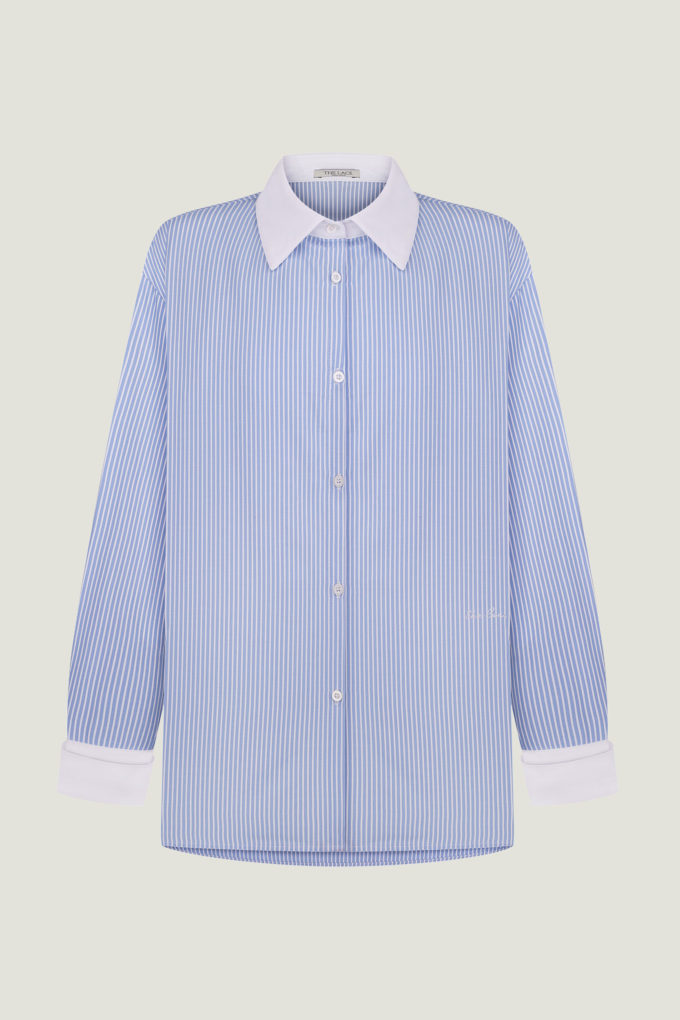 Сорочка в смужку блакитна з білими манжетами фото 5