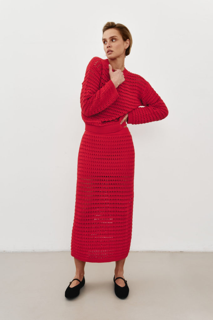 Knitted sweater with openwork knitting in red photo 3