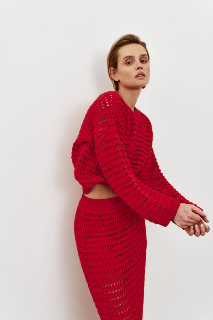 Knitted sweater with openwork knitting in red photo 4