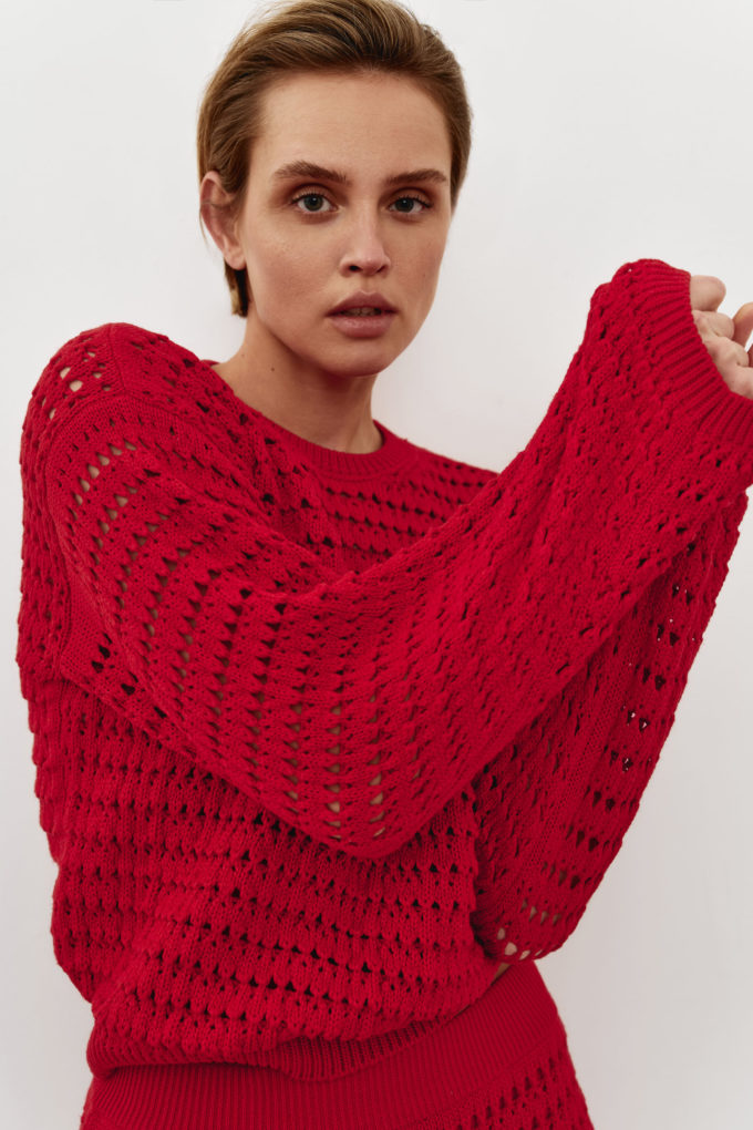 Трикотажний светр із ажурною вʼязкою червоний - THE LACE photo 271255