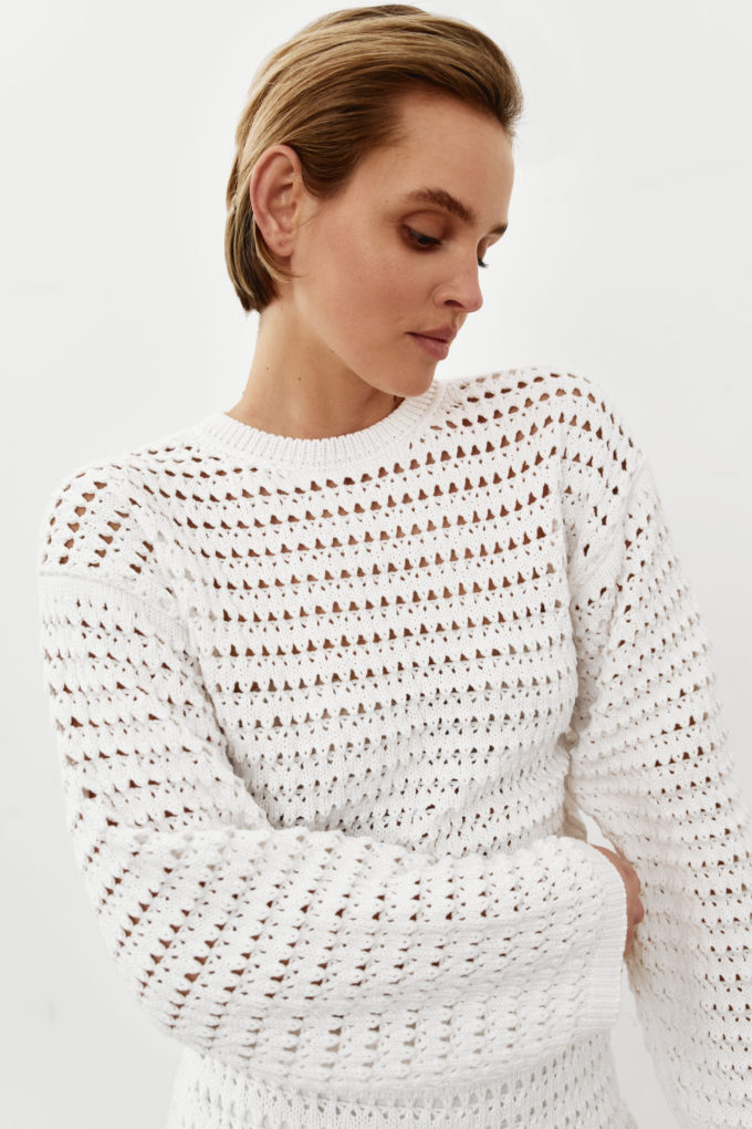 Knitted sweater with openwork knitting in milk photo 2