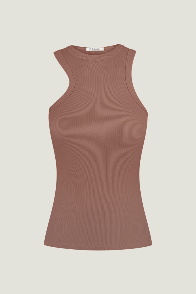 Jersey top with asymmetric cut in dark beige photo 4