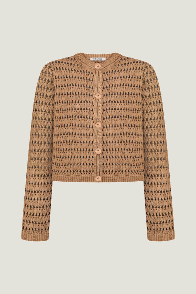 Knitted cropped cardigan with openwork knit in beige photo 4