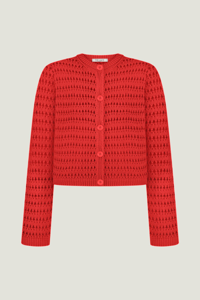 Knitted cropped cardigan with openwork knit in red photo 4