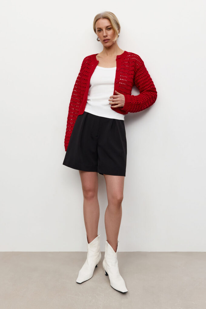 Knitted cropped cardigan with openwork knit in red photo 2