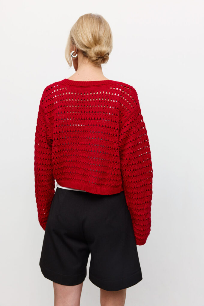 Knitted cropped cardigan with openwork knit in red photo 3