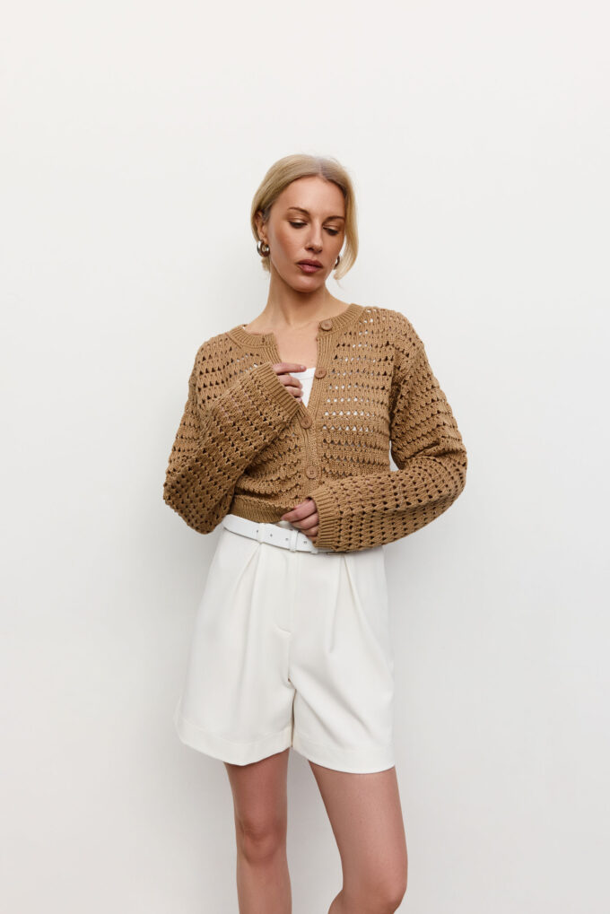 Knitted cropped cardigan with openwork knit in beige photo 2