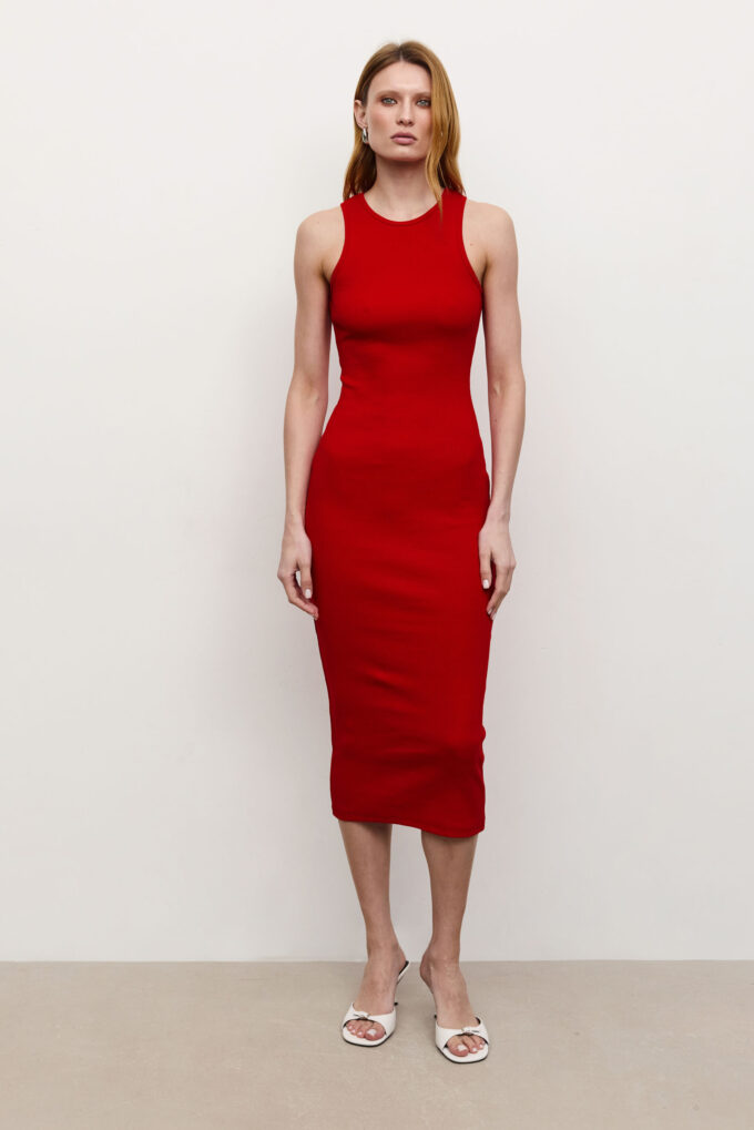 Ribbed jersey midi dress in red photo 3