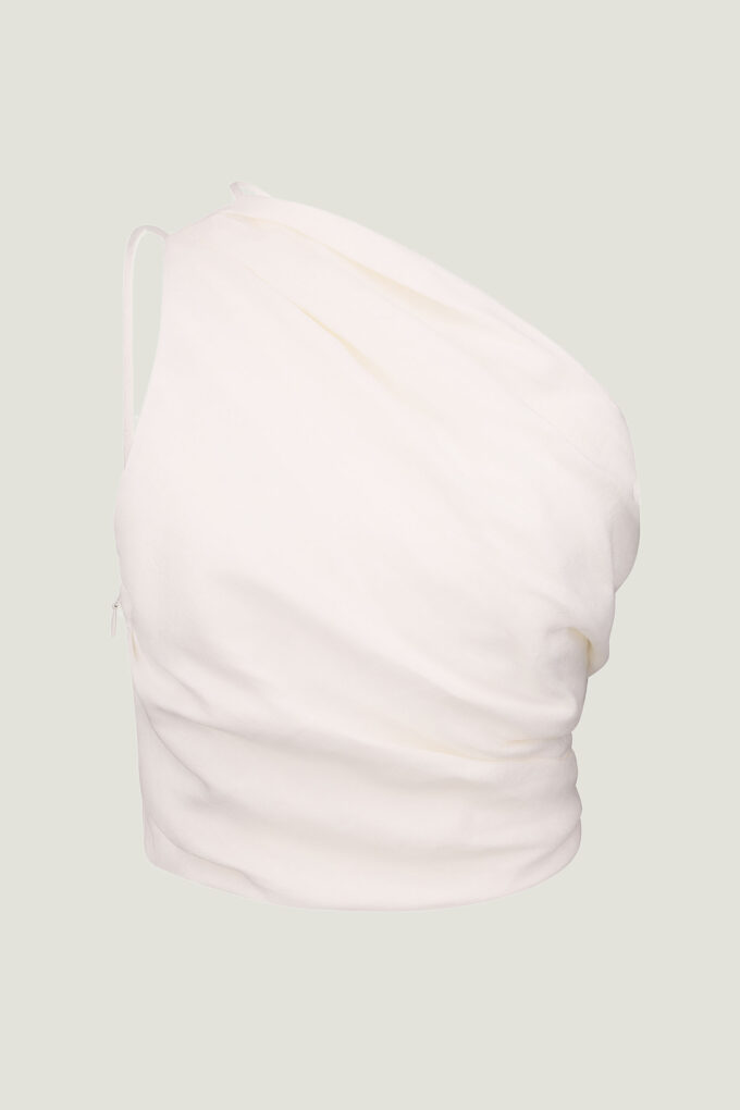 One shoulder linen top with drape in milk photo 4