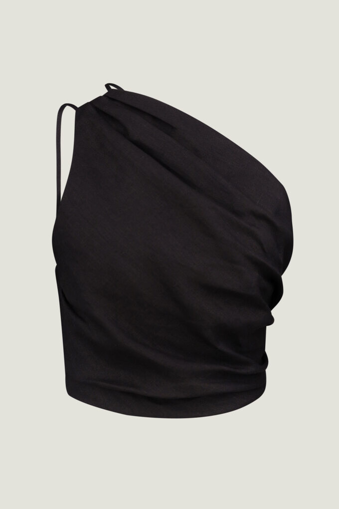 One shoulder linen top with drape in black photo 5