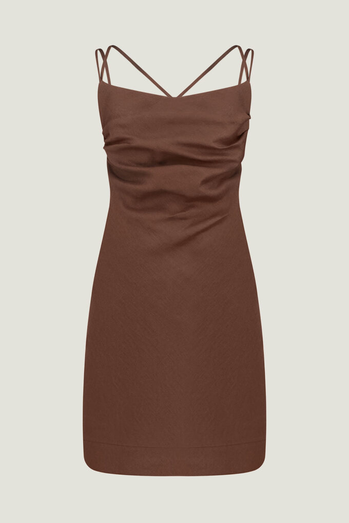 Linen mini dress with drapery in chocolate photo 4