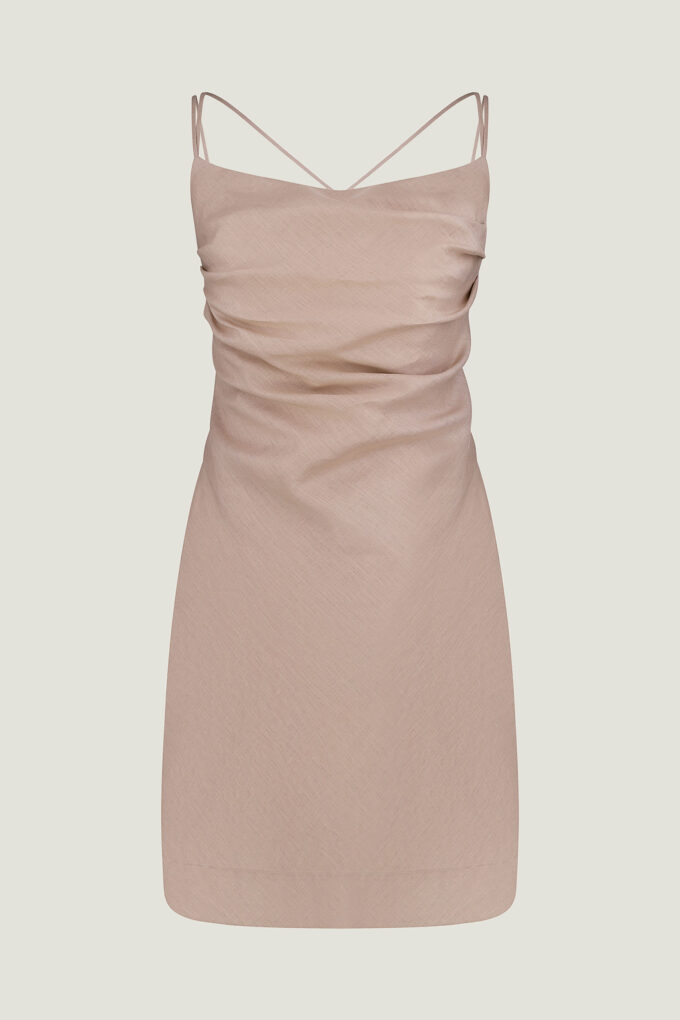 Linen mini dress with drapery in light beige photo 5
