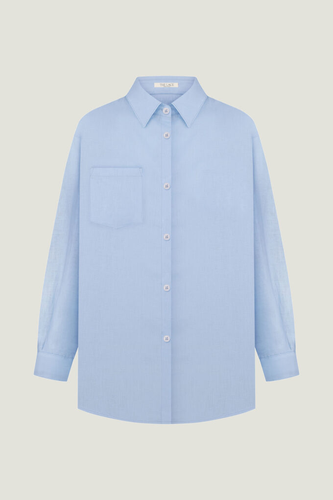 Oversized linen shirt with pocket in blue photo 5
