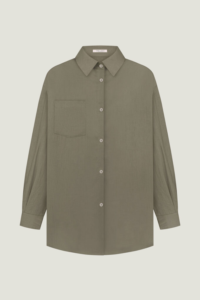 Oversized linen shirt with pocket in olive photo 4