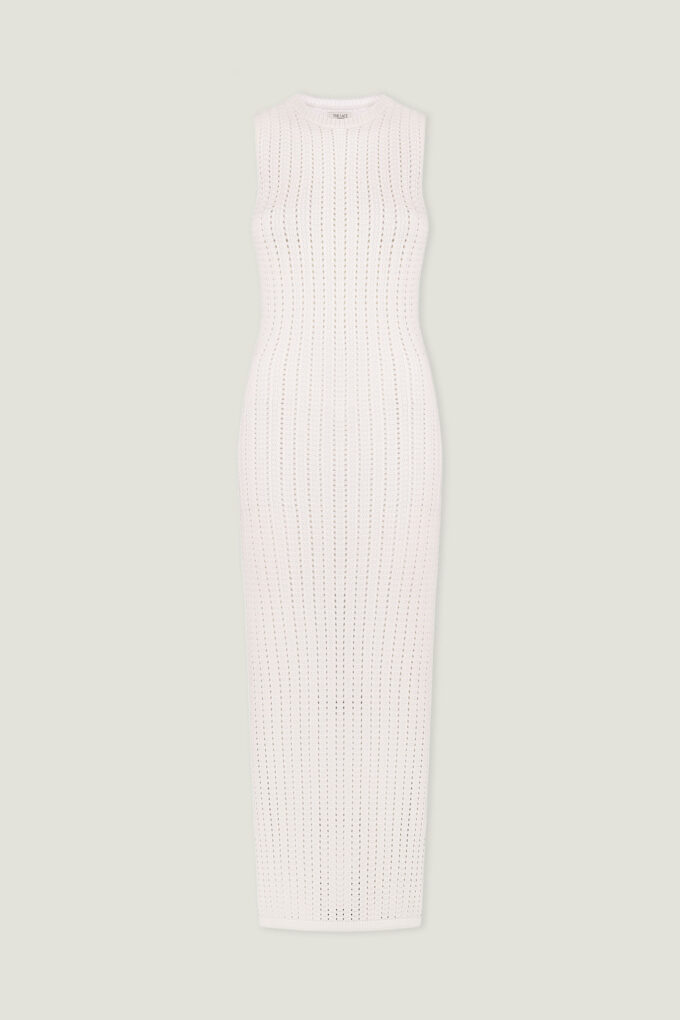 Трикотажна сукня максі з ажурною вʼязкою молочна фото 5