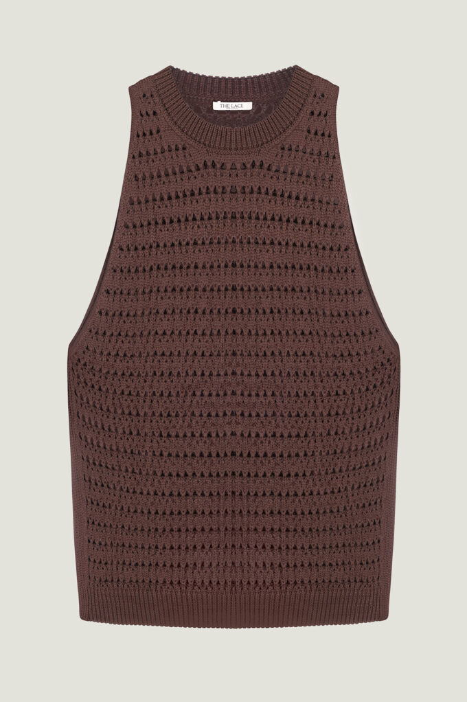 Knitted openwork top with slits in chocolate photo 5