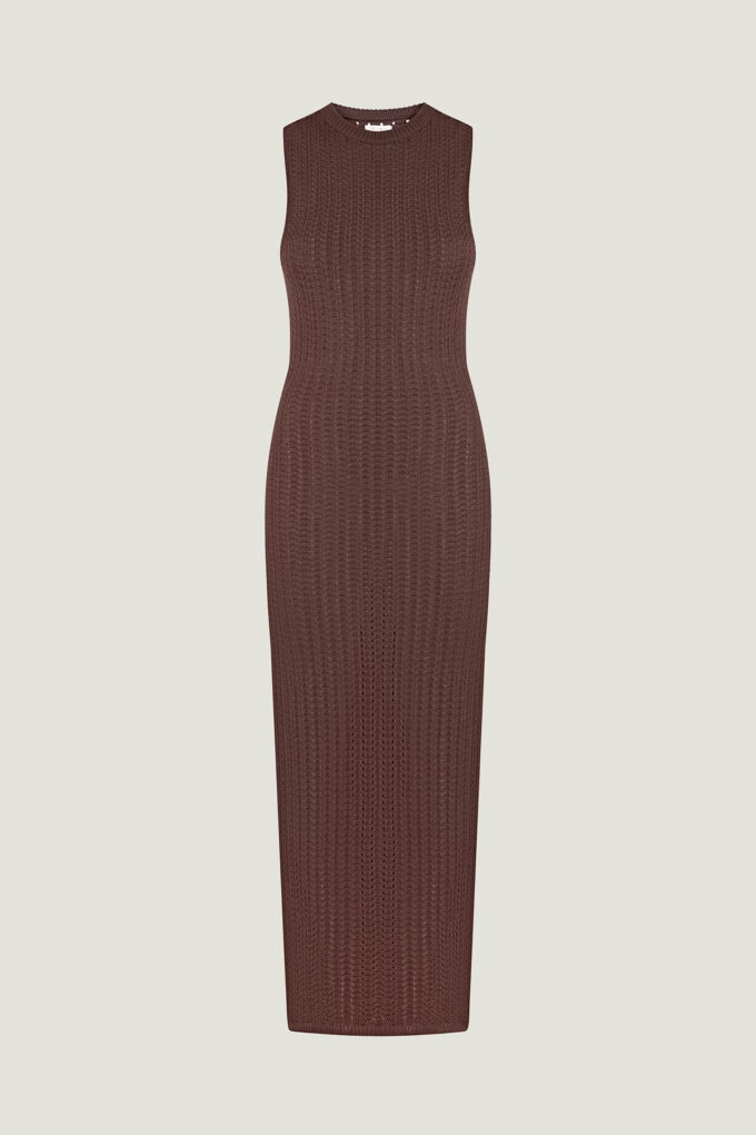 Трикотажна сукня максі з ажурною вʼязкою шоколадна фото 4