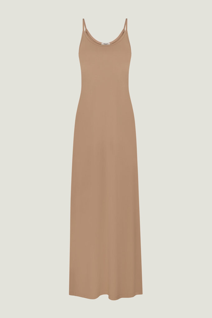 Beige knitted midi sundress with thin straps photo 5