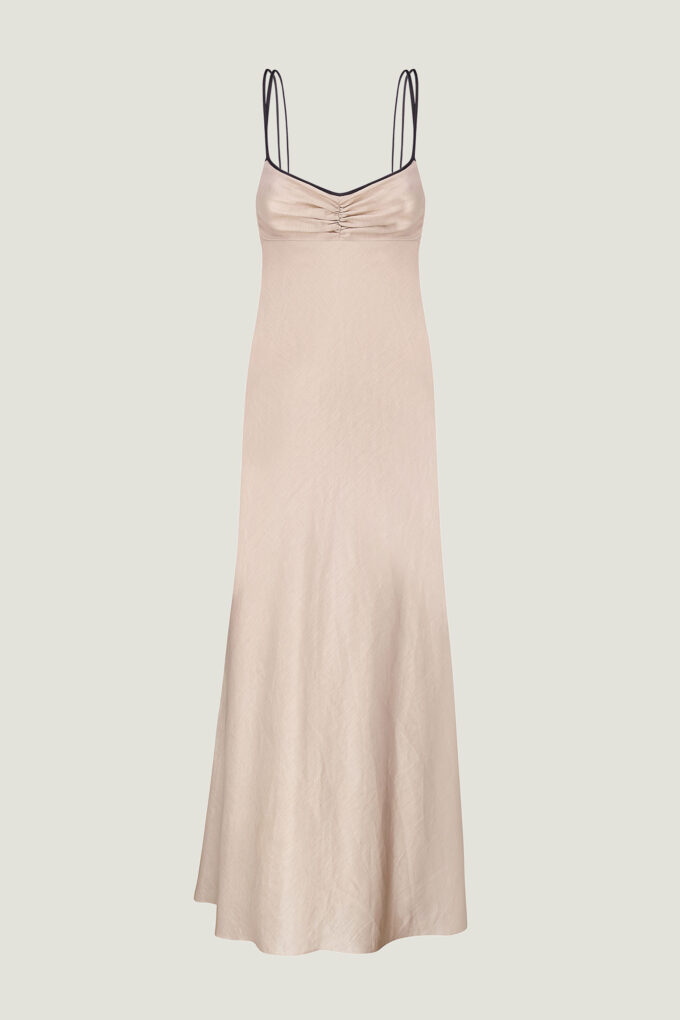 Light beige linen midi dress with ties and graphite edging photo 5