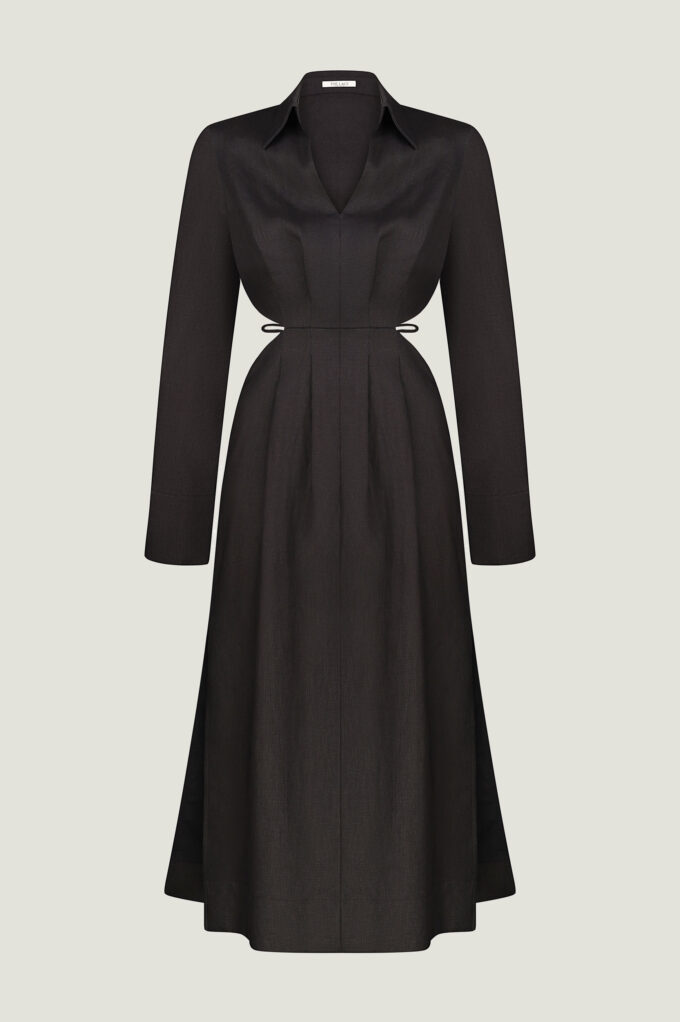 Linen midi dress with decorative waist in black photo 6