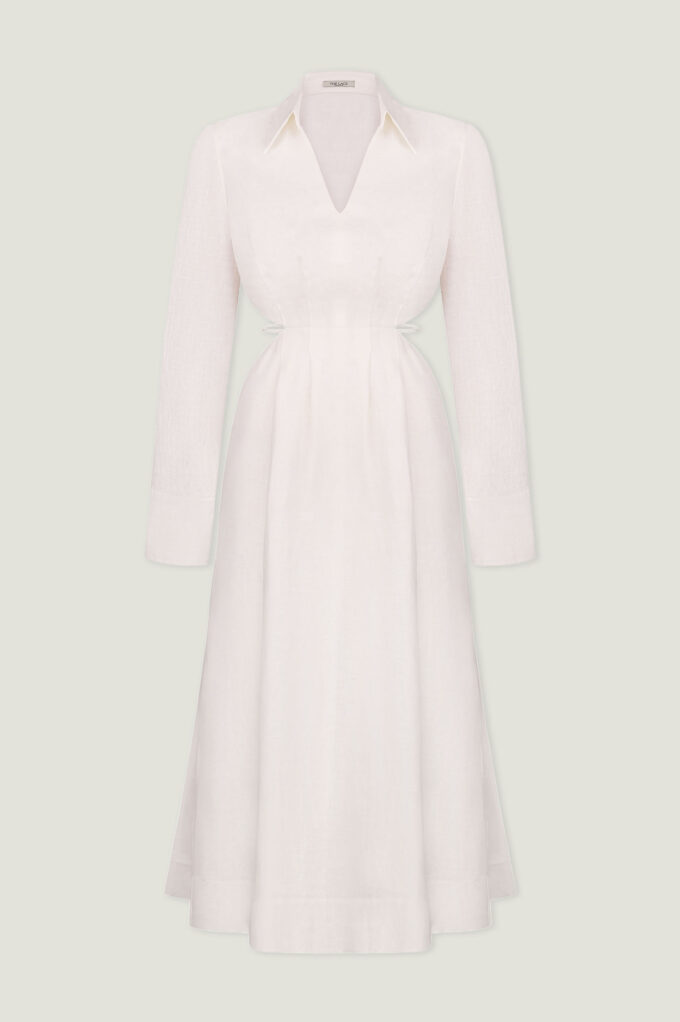 Linen midi dress with decorative waist in milk photo 6