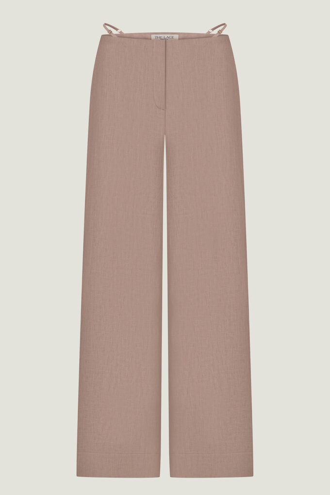 Linen pants with a decorated belt in beige photo 5