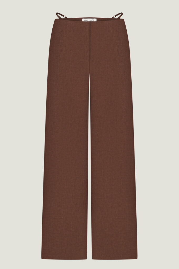 Linen pants with a decorated belt in chocolate photo 4